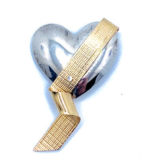 Signed KD TR Kathleen Doyle USA Silver 925 Heart w Brass Ribbon Brooch