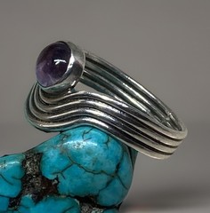 Modernist Handmade Curvy 925 Sterling Round Amethyst Solitaire Ring Sz 6.5 2.4g