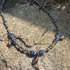 Lapis Lazuli Sterling Silver Beaded Necklace Choker Tribal Fringe Artisan 90s