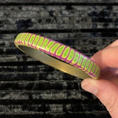 Artisan Made Layered Polymer Clay On Brass Bangle Bracelet Purple Green 8.25”