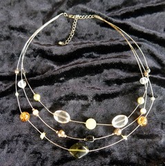 3 Strands of Glass, Stone and Plastic Beads Necklace. Brass Tone Wire 19″