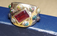 OOAK RED RUBY 3 carat Natural 925 Sterling Silver Ring w 12 Natural black Opals