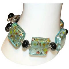 Green Murano Square Glass Bead and Black Stone Beaded Bracelet