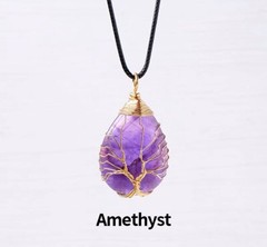 Natural Crystal, Wire Tree of Life Water Drop Pendant and Black Cord Necklace