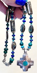 LOVELY Artisan Sterling Silver Malachite, Turquoise, Abalone Reversible Necklace