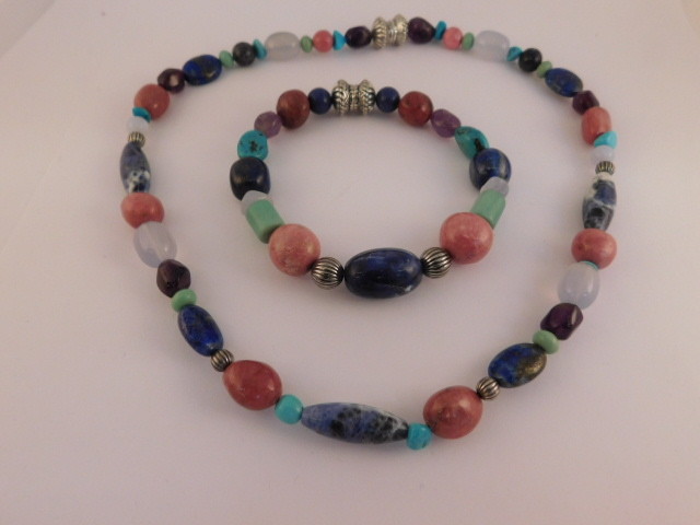 TURQUOISE LAPIS LAZULI NATURAL STONES STERLING SILVER NECKLACE & BRACELET SET