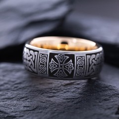 8mm Tungsten Carbide Ring with Celtic Cross and Rose Gold Plating