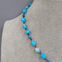 Signed Express Blue Art Glass Bead Y Drop Necklace 18″ adj