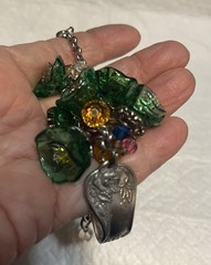 Handcrafted Spoon Bracelet with 6 Lamp Work Green Flower Beads .7 1/2 inches .