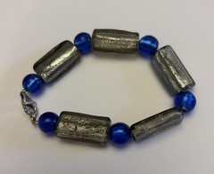 Vintage Glass Bracelet Silver Foil & Blue Bead Inches Bracelet 7 1/2 “