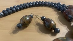 Vtg Artisan Necklace Earring Set Handpainted Wood Beads Sodalite Stone Beads 31”