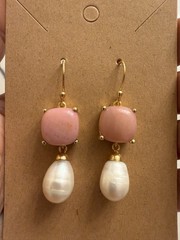 Sterling Silver Yellow Gold Plated Pink Opal And Pearl Dangle Earrings 1 7/8”