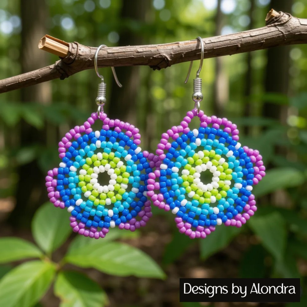 Huichol Style Beaded Flower Earrings Handmade Blue Purple Beaded Floral Dangles