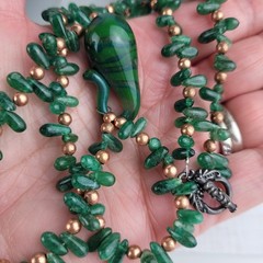 Green Glass and Stone Chip Pendant Necklace Artisan Made 20″