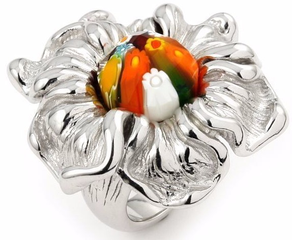 Alan K. St/Silver Ring Multicolor Murano Glass Round Stone on Open Flower Shape