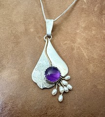 Vtg Designer Sterling 925 Amethyst, Pearl Beads Gold Wire Pendant Necklace 18”in