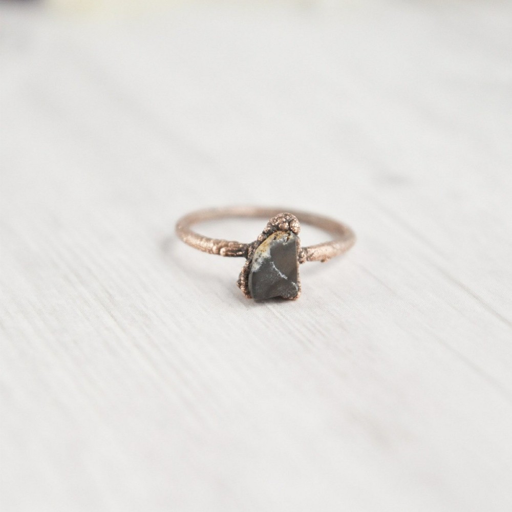 Size 6.5 Black Stone Ring, Natural Dendritic Opal, Antique Copper, Boho Jewelry