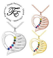 6 Birthstone Mother’s Necklace Mom’s Heart Pendant 6 Names – Sterling Silver, Go