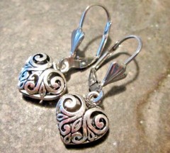 Silver Filigree Puffed Heart Earrings with Stainless Steel Leverbacks