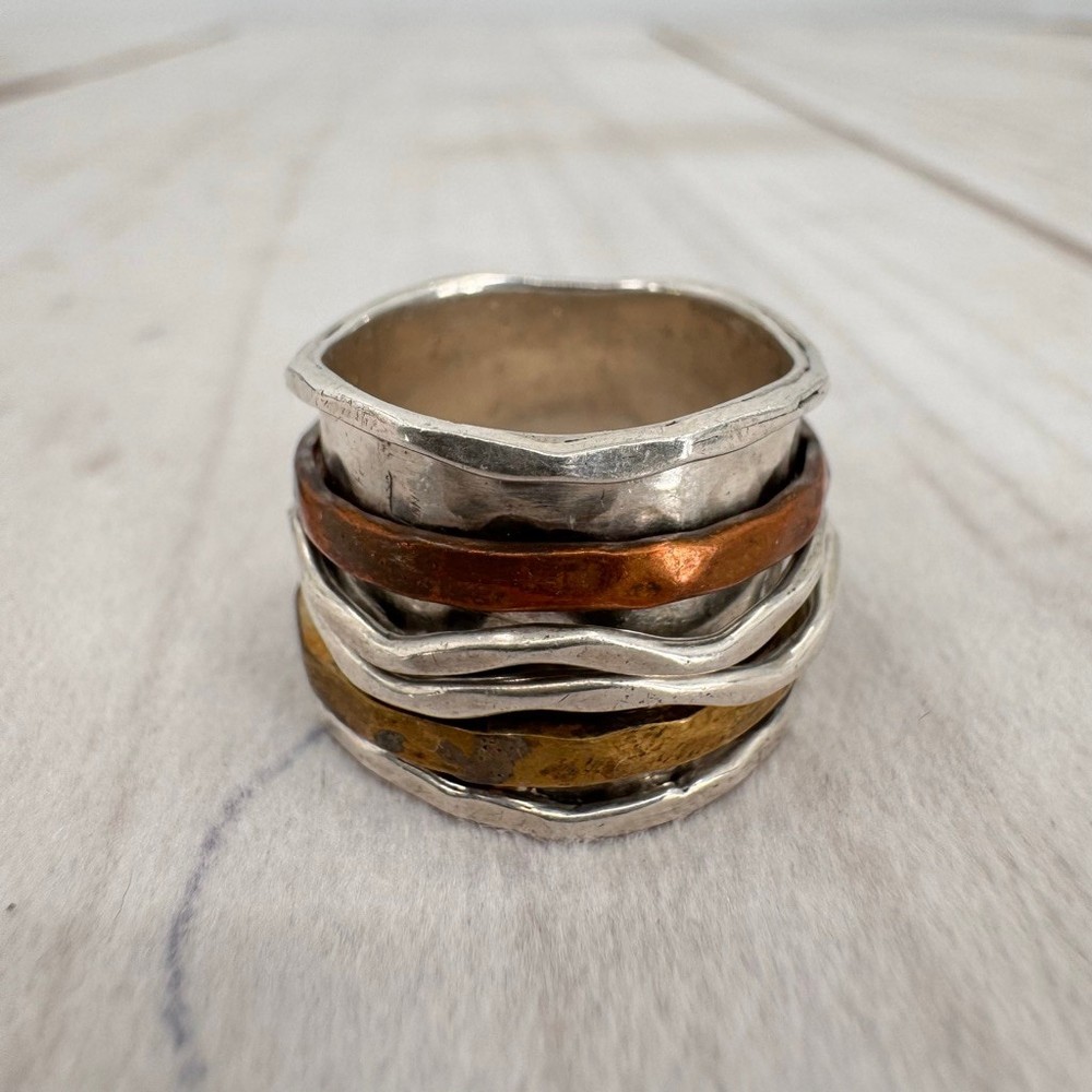 Sterling Silver Stacked Spinner Ring with Brass & Copper Stamped 925 Size 7-8