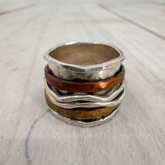 Sterling Silver Stacked Spinner Ring with Brass & Copper Stamped 925 Size 7-8