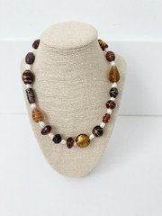 NWT Genuine Murano Glass & Pearls Beaded Necklace Brown White