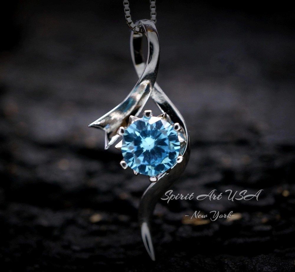 Blue Aquamarine Necklace, White Gold Coated Sterling Silver, Bow 2 CT Blue