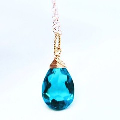 Lab Made Paraiba Tourmaline Pendant Wire Wrapped Briolette 14k Rose Gold Filled