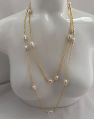 Gold Plate Rolo Chain And Baroque Pearl Double Strand 25″ – 28″ Necklace