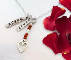 Speak Love Necklace, hand-stamped, handmade, with beads and heart charm