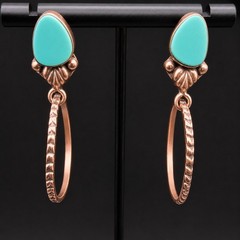 Royston Turquoise Copper Hoop Dangle Earrings Statement Southwestern 2″ Drop