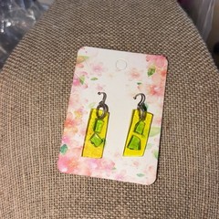 Handcrafted Rectangle Dangle Earrings Green An Yellow Sea Glass 925 Hooks