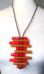 Sobral Cilindros Blue Red Black Cylinder Beads Artist Made Flapper 43″ Necklace