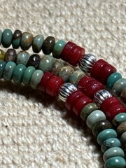 Arizona Turquoise, Coral, & Sterling Beads 3-Coil Memory Wire Bracelet
