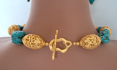 Turquoise Nugget Gold Filigree Beaded Statement Necklace Earring Set 181 Grams