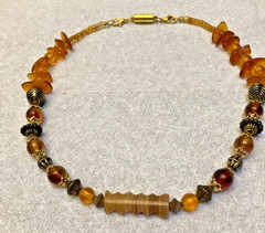 CLEARANCE-NEW-ORANGE GLASS & METAL BEAD 15″NECKLACE W/CALCITE OBLONG BEAD CENTER