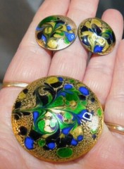 MCM mODERNIST INGA CARLSON eNAMELED cOPPER bROOCH pIN & eARRING sET~SIGNED