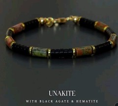 Unakite ,Agate And Hematite Natural Stone Bracelet In Stainless Steel 8.5in