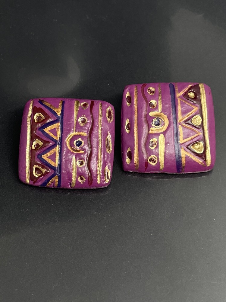 Artisan Handcrafted Painted Wood Purple Gold Square Boho Post Pierced Earrings