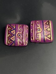 Artisan Handcrafted Painted Wood Purple Gold Square Boho Post Pierced Earrings