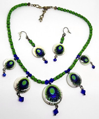 Vintage Peacock Blue Green MOP Handmade One of a Kind Necklace Earrings Set