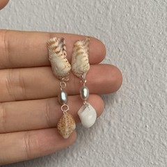 Handcrafted Shell Stone Beaded Dangle Earrings White Brown Beach Post