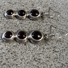 Artisan Made 3 Stone Rhodolite Garnet Sterling Silver Dangle/Drop Earrings