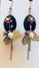 Artisan Earrings Vintage Black Glass Drops Gold Leaves Tassel Beads