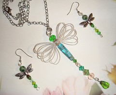#874 Dragonfly Pendant with Earrings Silver/Blue/Green