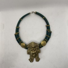 RARE Artisan Aztec Mayan Indigenous Style Chocker Necklace Brass-Tone Leather??