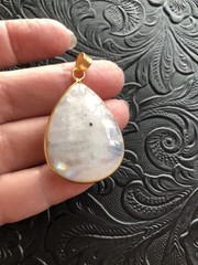 Rainbow Moonstone Raindrop Teardrop Gold Tone Pendant 1.75”
