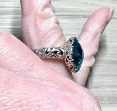 Handmade Artisan Sterling Silver Blue Quartz Scrolled Cocktail Ring, Size 8