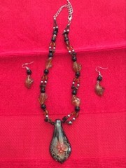 Dichroic Glass Necklace Earrings Set ~ Flower Teardrop Brown Black Copper