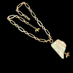 Light Aqua Jasper Stone PENDANT NECKLACE Goldtone 18 in Oval Paper Clip Chain